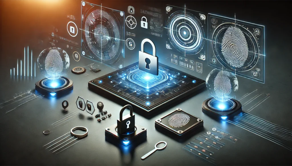 DALL·E 2025-04-06 12.35.20 - Photo-realistic landscape image (3_1 ratio) of a high-tech digital banking interface with cybersecurity icons like digital padlocks and biometric auth how secure are online banking appsdigital bank fraud prevention tipsbest practices for safe online banking