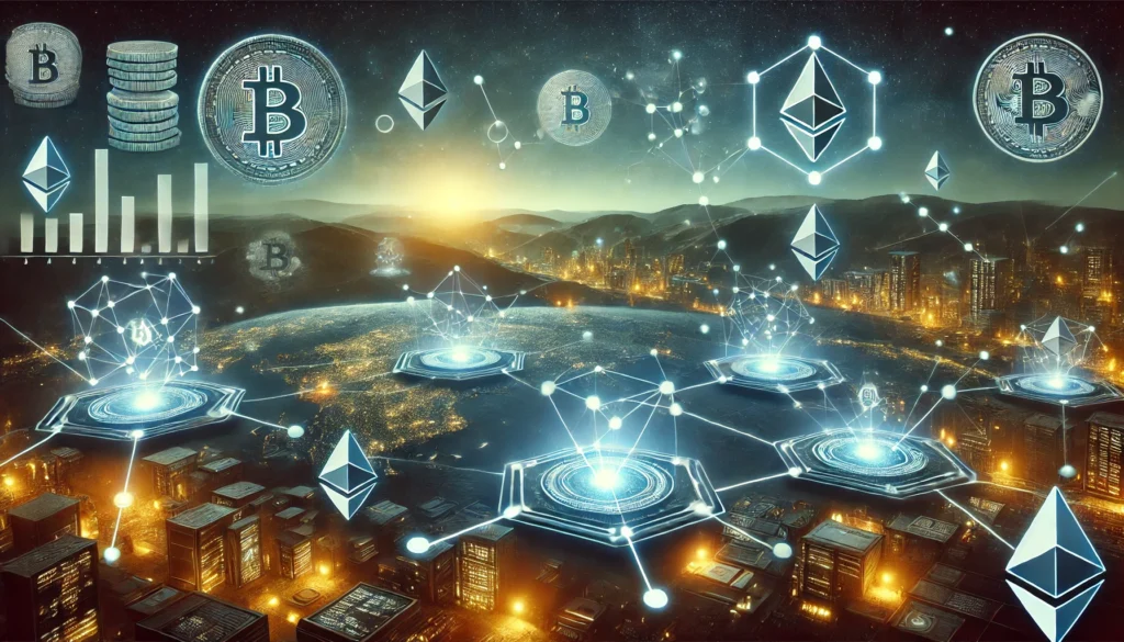 DALL·E 2025-04-07 20.36.00 - Photo-realistic landscape image (3_1 ratio) depicting a blockchain data network integrated with digital banking, showing glowing nodes, ledgers, and c blockchain technology in banking sectornnhow blockchain enhances security in digital transactionsnnfuture trends of blockchain in online banking