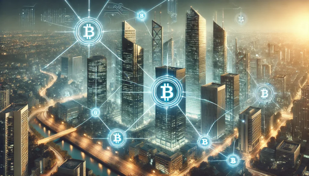 DALL·E 2025-04-07 20.36.02 - Photo-realistic landscape image (3_1 ratio) of a secure futuristic city skyline with digital banking towers connected by blockchain ledgers, transpare blockchain technology in banking sectornnhow blockchain enhances security in digital transactionsnnfuture trends of blockchain in online banking