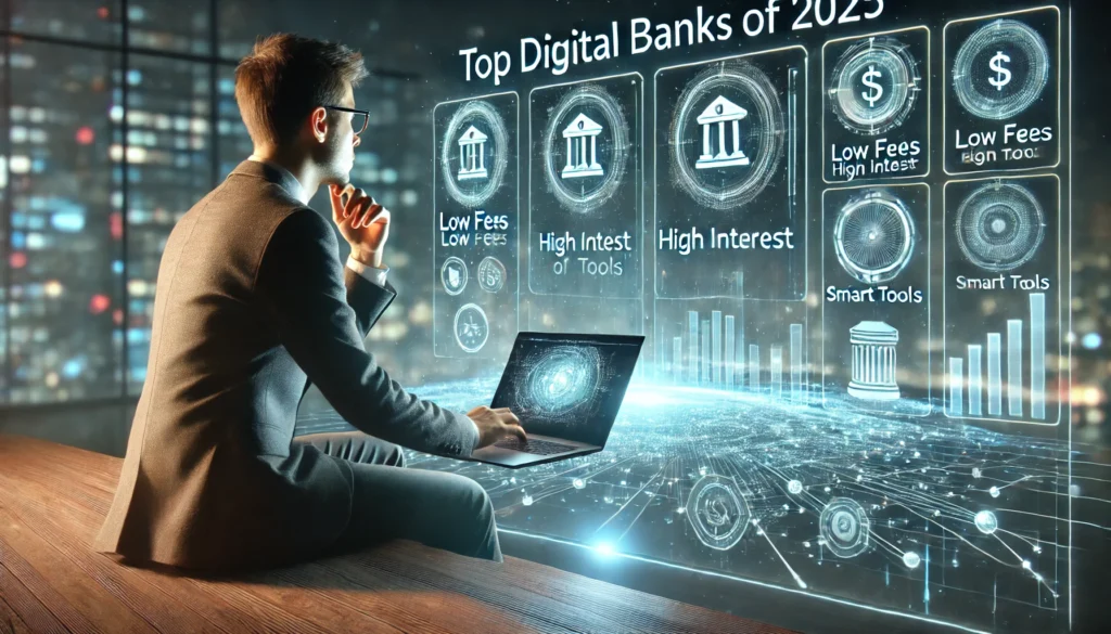 DALL·E 2025-04-08 23.33.17 - Photo-realistic landscape image (3_1 ratio) of a young professional browsing top digital banks of 2025 on a sleek laptop, with virtual holographic pan top digital banks comparison 2025features to look for in an online bankhow to choose the best digital bank for your needs