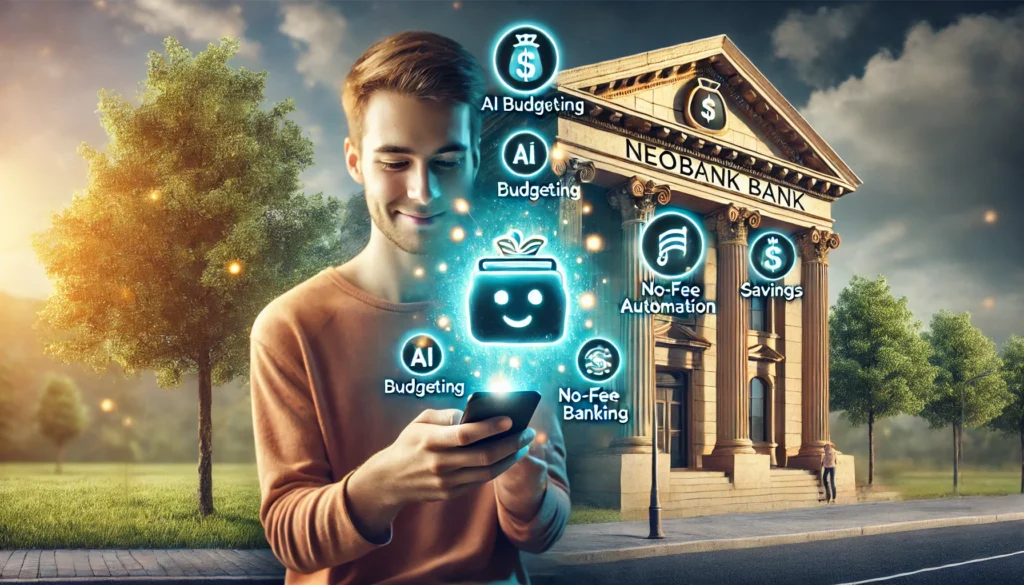 DALL·E 2025-04-10 18.49.12 - Photo-realistic landscape image (3_1 ratio) showing a young person using a neobank app on a smartphone with glowing icons for AI budgeting, savings au digital-only banks advantagesneobank vs traditional bank featureshow neobanks are transforming personal finance