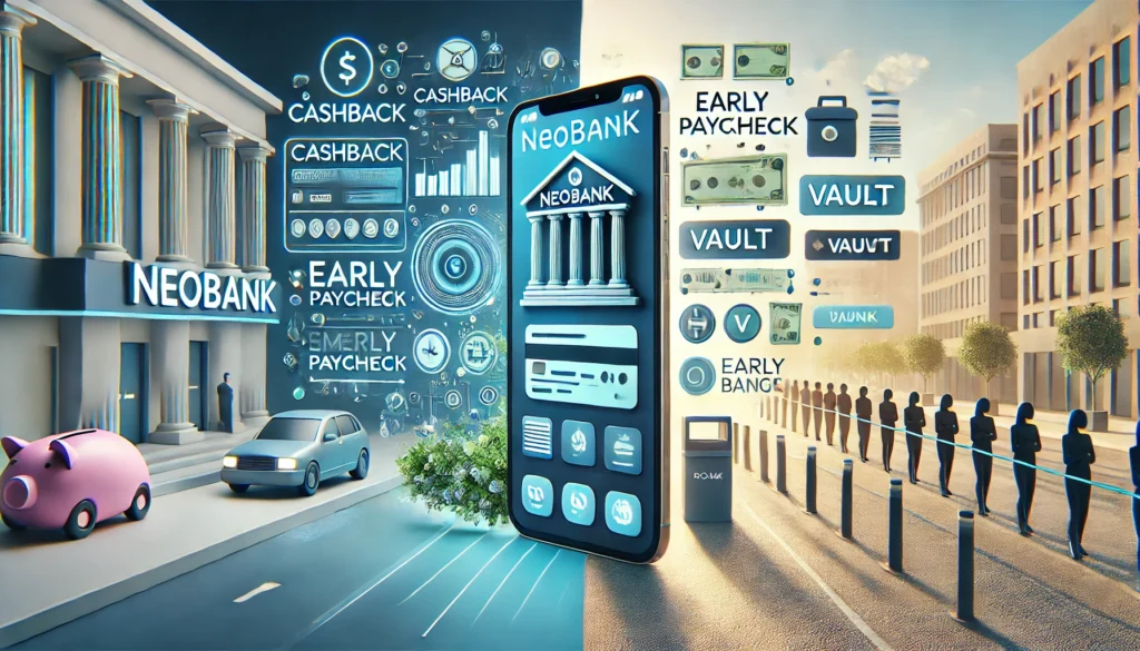 DALL·E 2025-04-10 18.49.13 - Photo-realistic landscape image (3_1 ratio) of a split screen_ on one side, a sleek mobile banking interface showing neobank tools like cashback, earl digital-only banks advantagesneobank vs traditional bank featureshow neobanks are transforming personal finance