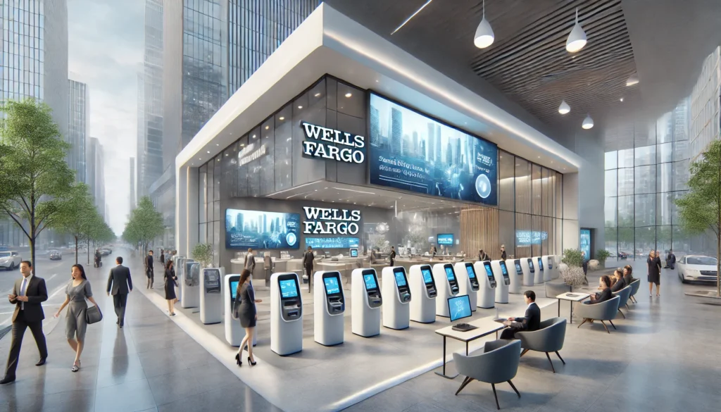 DALL·E 2025-04-12 09.40.57 - Ultra-realistic photo-style landscape image (3_1 ratio) of a modern Wells Fargo bank branch in 2025. The building blends sleek architecture with digit Wells Fargo branch redesign 2025hybrid banking experience trendsdigital transformation in traditional banks