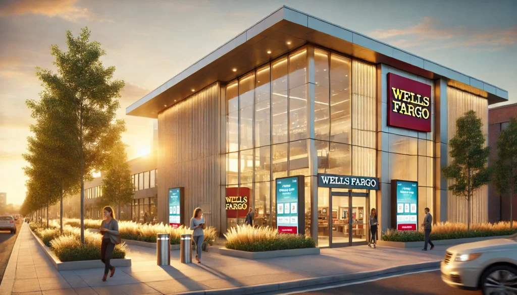DALL·E 2025-04-12 09.41.07 - Photo-realistic landscape image (3_1 ratio) of a Wells Fargo branch exterior in 2025 during golden hour. The modern building features glass panels, wa Wells Fargo branch redesign 2025hybrid banking experience trendsdigital transformation in traditional banks