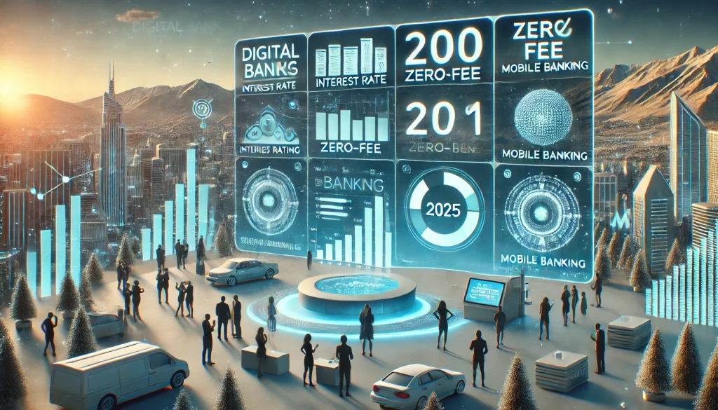 DALL·E 2025-04-13 10.09.06 - Photo-realistic landscape image (3_1 ratio) of a futuristic financial dashboard comparing digital banks in 2025. Includes interest rate stats, zero-fe The Ultimate Guide to Digital Banking in 2025: What You Need to Know Before You Switch