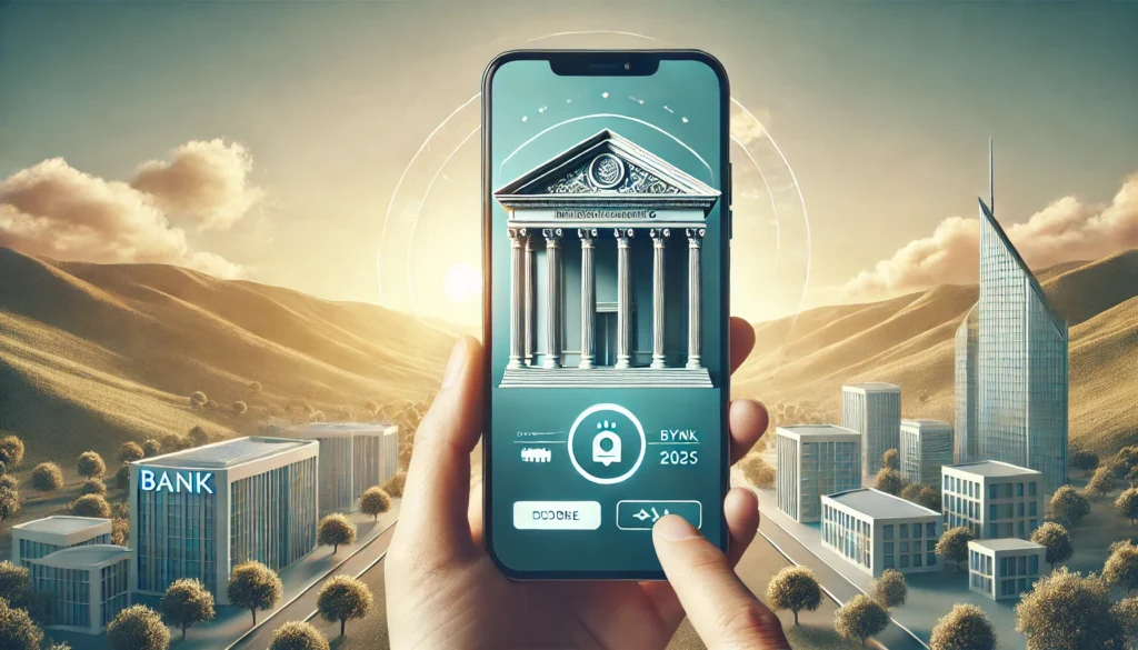 DALL·E 2025-04-17 21.19.31 - Photo-realistic landscape image (3_1 ratio) styled as a blog post thumbnail. Title overlay_ 'The Evolution of Banking_ Choosing Between Digital and Tr What is the future of banking 2025?Is it better to have an online bank or physical bank?Is digital banking better than traditional banking?