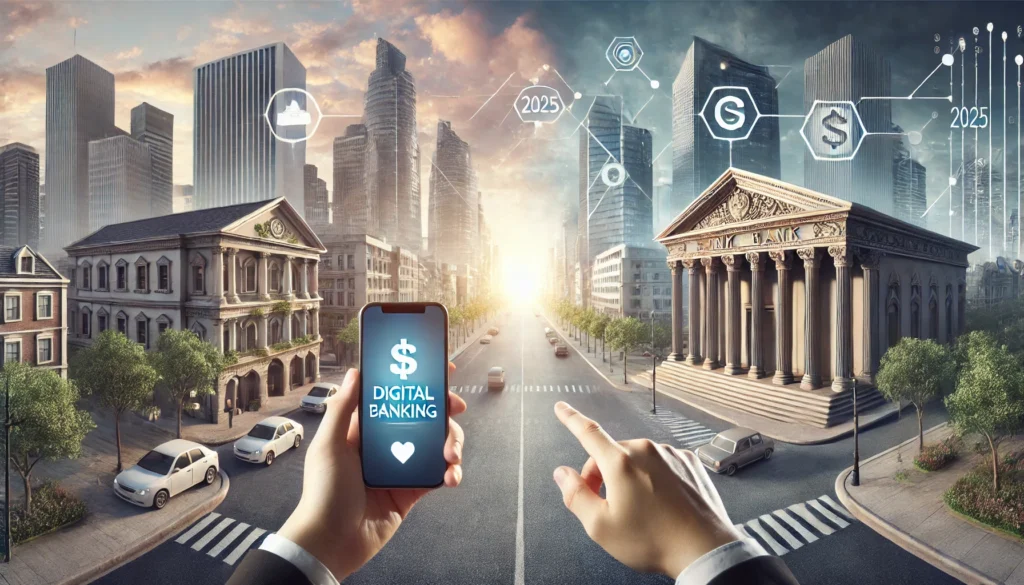 DALL·E 2025-04-17 21.19.32 - Photo-realistic landscape image (3_1 ratio) showing a modern person making a banking decision between a smartphone with a digital banking app and a tr What is the future of banking 2025? Is it better to have an online bank or physical bank? Is digital banking better than traditional banking?