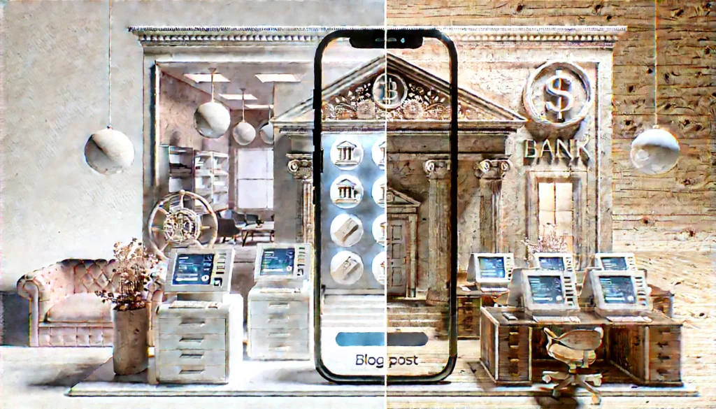 DALL·E 2025-04-17 21.20.57 - Photo-realistic landscape image (3_1 ratio) of a split-screen scene showing the inside of a modern digital banking app interface on one side and a cla What is the future of banking 2025?Is it better to have an online bank or physical bank?Is digital banking better than traditional banking?